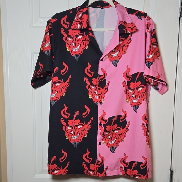 Hawaiian Devil Button Down Shirt Black & Pink Casual BOLD HARAJUKU STREETWEAR LG - Picture 6 of 17